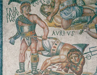 Mozaïek met een scène van vechtende gladiatoren (detail), gehuisvest in de Borghese Galerij in Rome